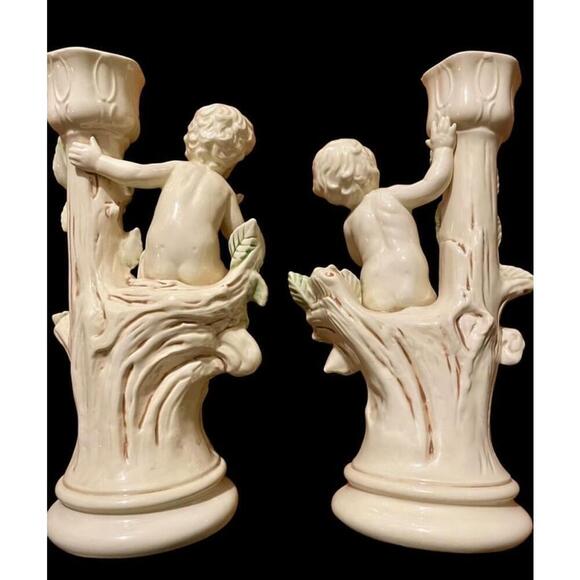 10.5” Holland Mold Vintage Pair of Victorian Ceramic Cherub Candle Holders - Picture 5 of 9